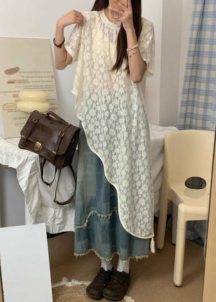 Summer Up Piece Denim Asymmetrical Lace Three Set Blue Vintage FashionChic