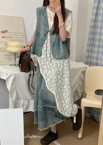 Summer Up Piece Denim Asymmetrical Lace Three Set Blue Vintage FashionChic