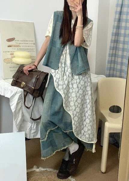 Summer Up Piece Denim Asymmetrical Lace Three Set Blue Vintage FashionChic