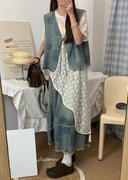 Summer Up Piece Denim Asymmetrical Lace Three Set Blue Vintage FashionChic