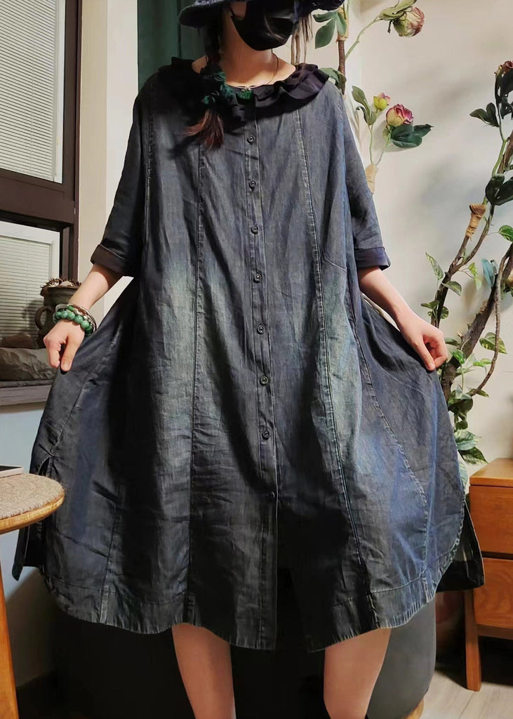 Vintage Blue Button Pockets Denim Shirts Dress Half Sleeve MN079 MMDM-SDL240704