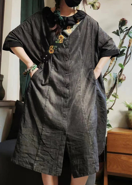 Vintage Blue Button Pockets Denim Shirts Dress Half Sleeve MN079 MMDM-SDL240704