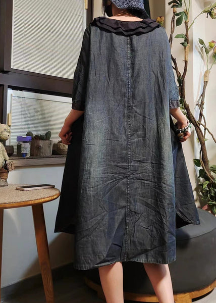 Vintage Blue Button Pockets Denim Shirts Dress Half Sleeve MN079 MMDM-SDL240704