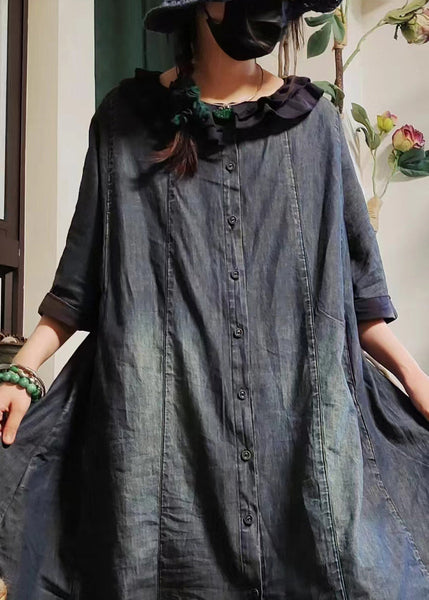 Vintage Blue Button Pockets Denim Shirts Dress Half Sleeve MN079 MMDM-SDL240704
