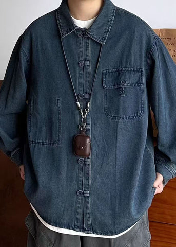 Vintage Oversized Spring Coat Pockets Button Blue Men Denim FashionChic