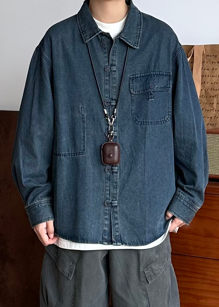 Vintage Oversized Spring Coat Pockets Button Blue Men Denim FashionChic