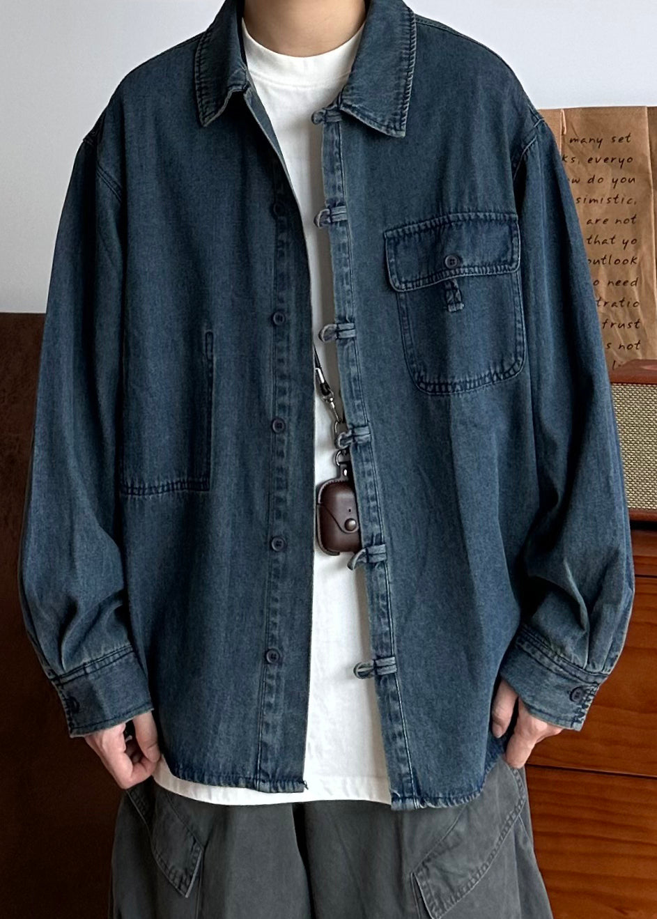 Vintage Oversized Spring Coat Pockets Button Blue Men Denim FashionChic