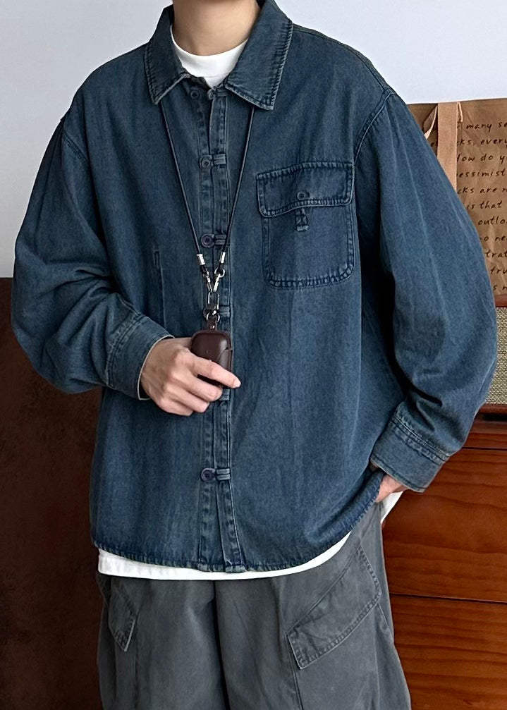 Vintage Oversized Spring Coat Pockets Button Blue Men Denim FashionChic