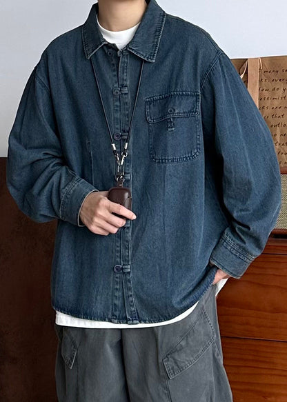 Vintage Oversized Spring Coat Pockets Button Blue Men Denim FashionChic