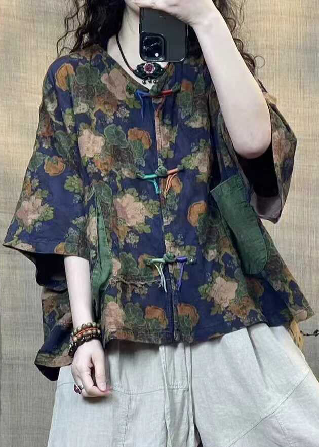 Vintage Blue Button Print Linen Blouse Half Sleeve GG038 MZF-HTP240610