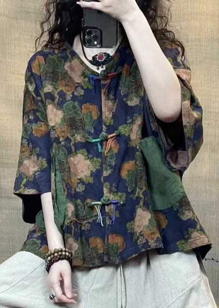 Vintage Blue Button Print Linen Blouse Half Sleeve GG038 MZF-HTP240610