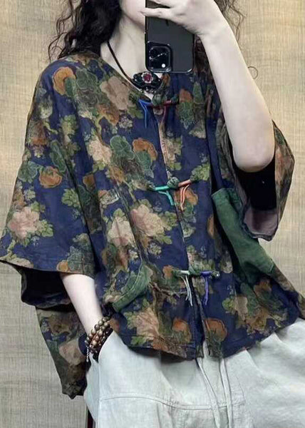 Vintage Blue Button Print Linen Blouse Half Sleeve GG038 MZF-HTP240610