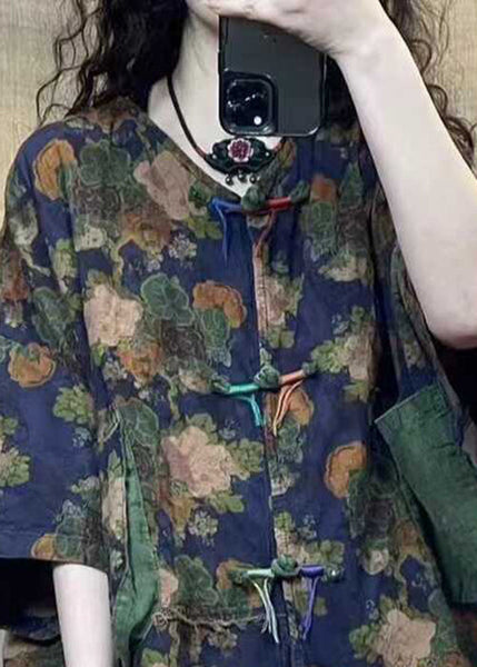 Vintage Blue Button Print Linen Blouse Half Sleeve GG038 MZF-HTP240610