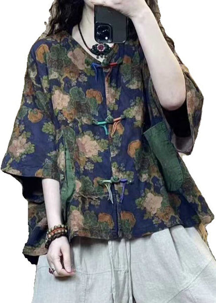 Vintage Blue Button Print Linen Blouse Half Sleeve GG038 MZF-HTP240610