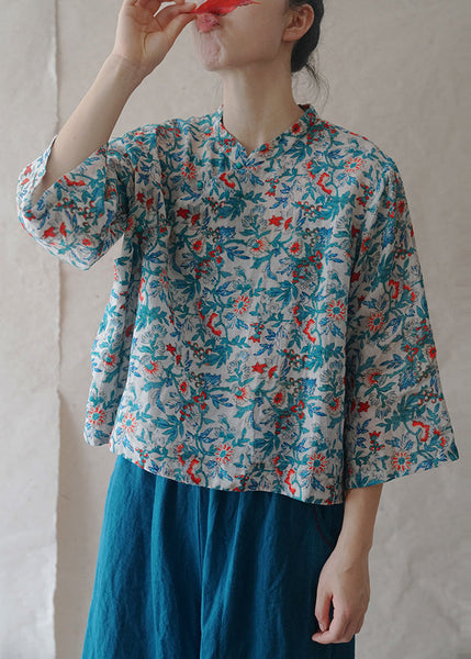 Vintage Blue Button Print Linen Shirts Bracelet Sleeve RE026 MZF-HTP240807