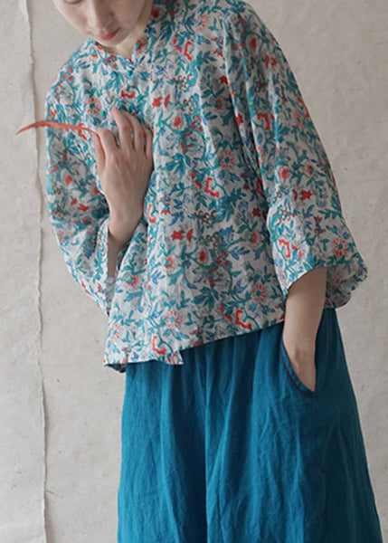 Vintage Blue Button Print Linen Shirts Bracelet Sleeve RE026 MZF-HTP240807