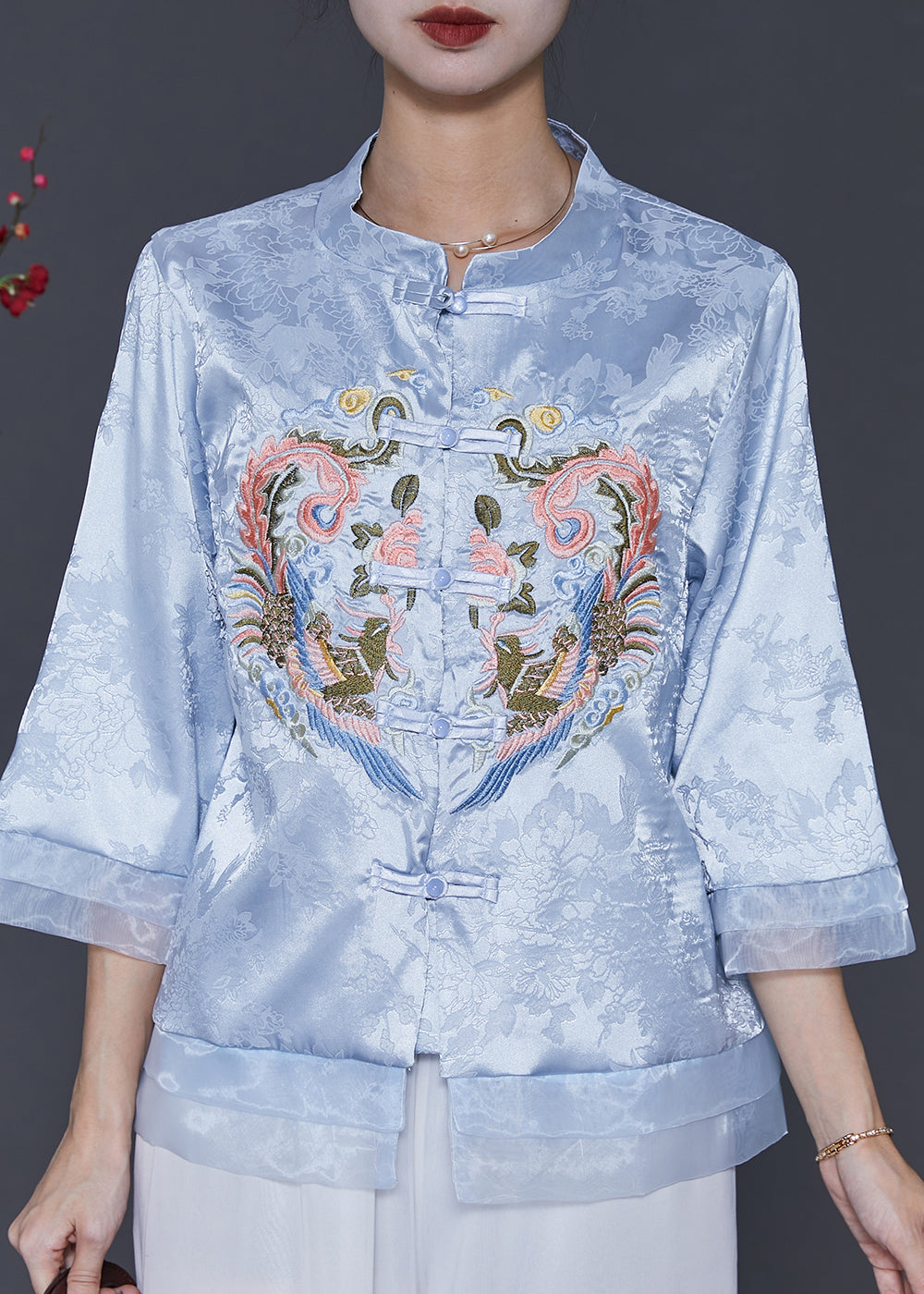 Vintage Blue Embroidered Patchwork Oriental Silk Blouses Spring SD1039 Ada Fashion