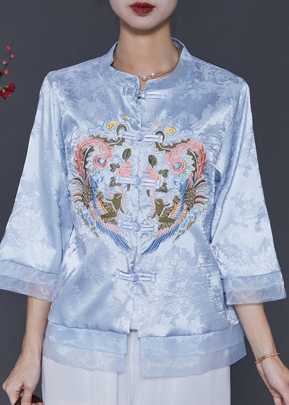 Vintage Blue Embroidered Patchwork Oriental Silk Blouses Spring SD1039 Ada Fashion