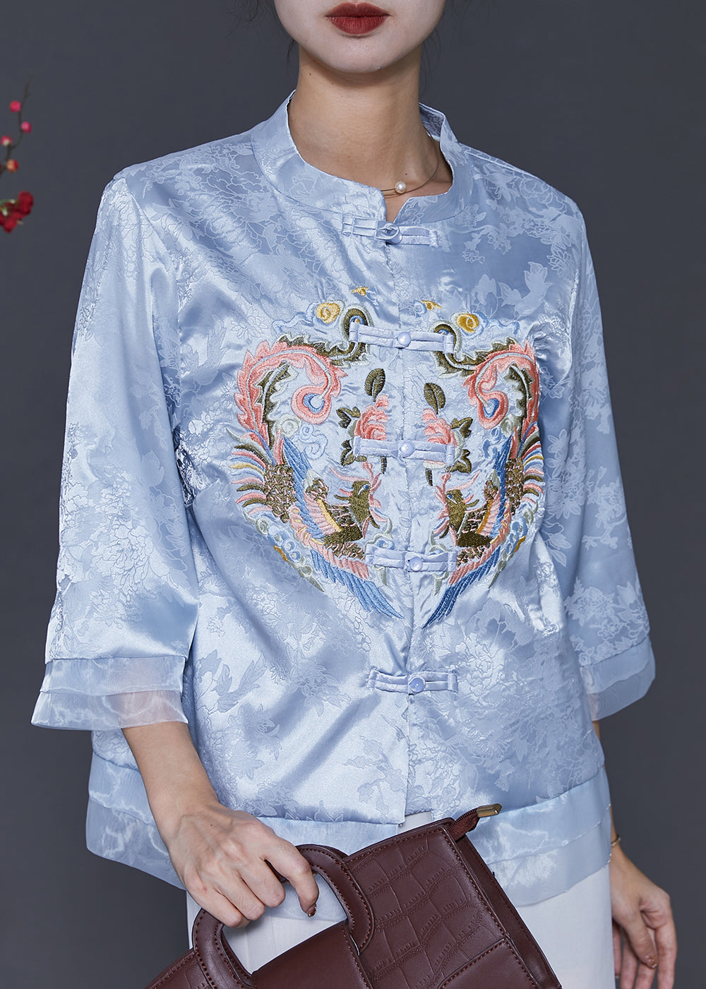 Vintage Blue Embroidered Patchwork Oriental Silk Blouses Spring SD1039 Ada Fashion