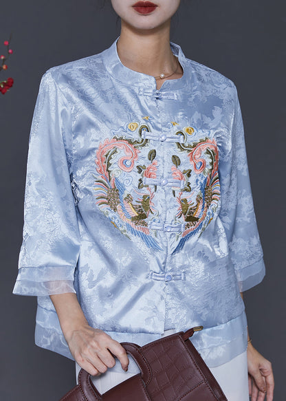 Vintage Blue Embroidered Patchwork Oriental Silk Blouses Spring SD1039 Ada Fashion