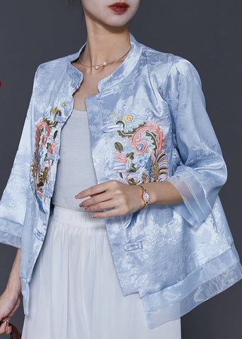 Vintage Blue Embroidered Patchwork Oriental Silk Blouses Spring SD1039 Ada Fashion