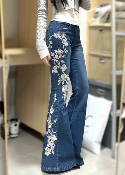 Embroidered Flared Vintage Trousers Denim Spring Blue Pockets FashionChic