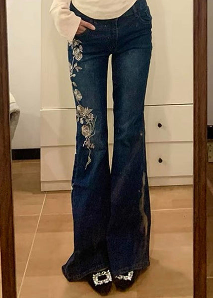 Embroidered Flared Vintage Trousers Denim Spring Blue Pockets FashionChic