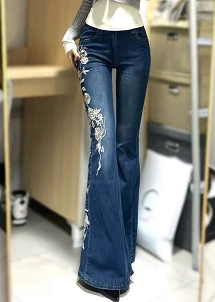 Embroidered Flared Vintage Trousers Denim Spring Blue Pockets FashionChic