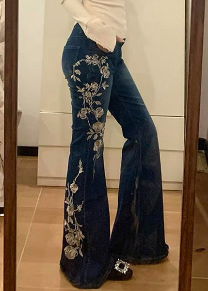 Embroidered Flared Vintage Trousers Denim Spring Blue Pockets FashionChic