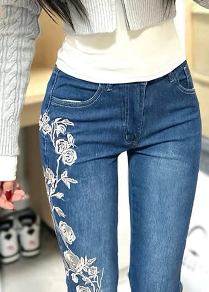 Embroidered Flared Vintage Trousers Denim Spring Blue Pockets FashionChic