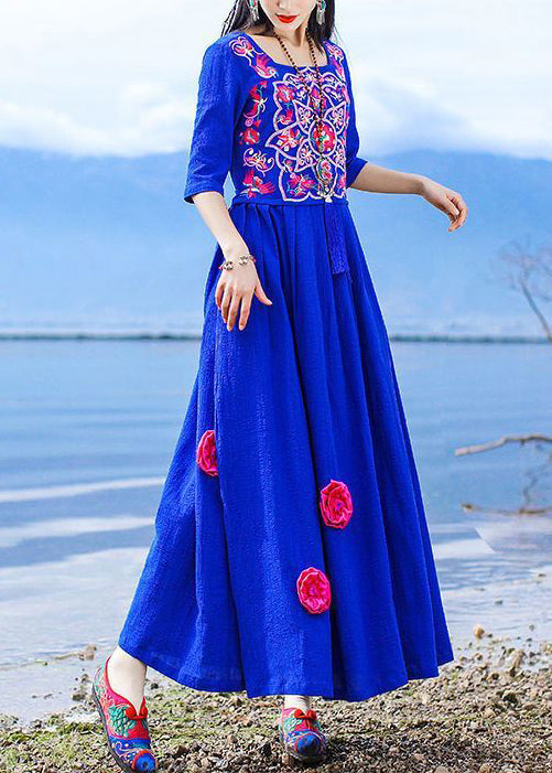 Vintage Blue Embroidered Tie Waist Cotton Long Dress Half Sleeve KK094 SH-LF-SDL240602