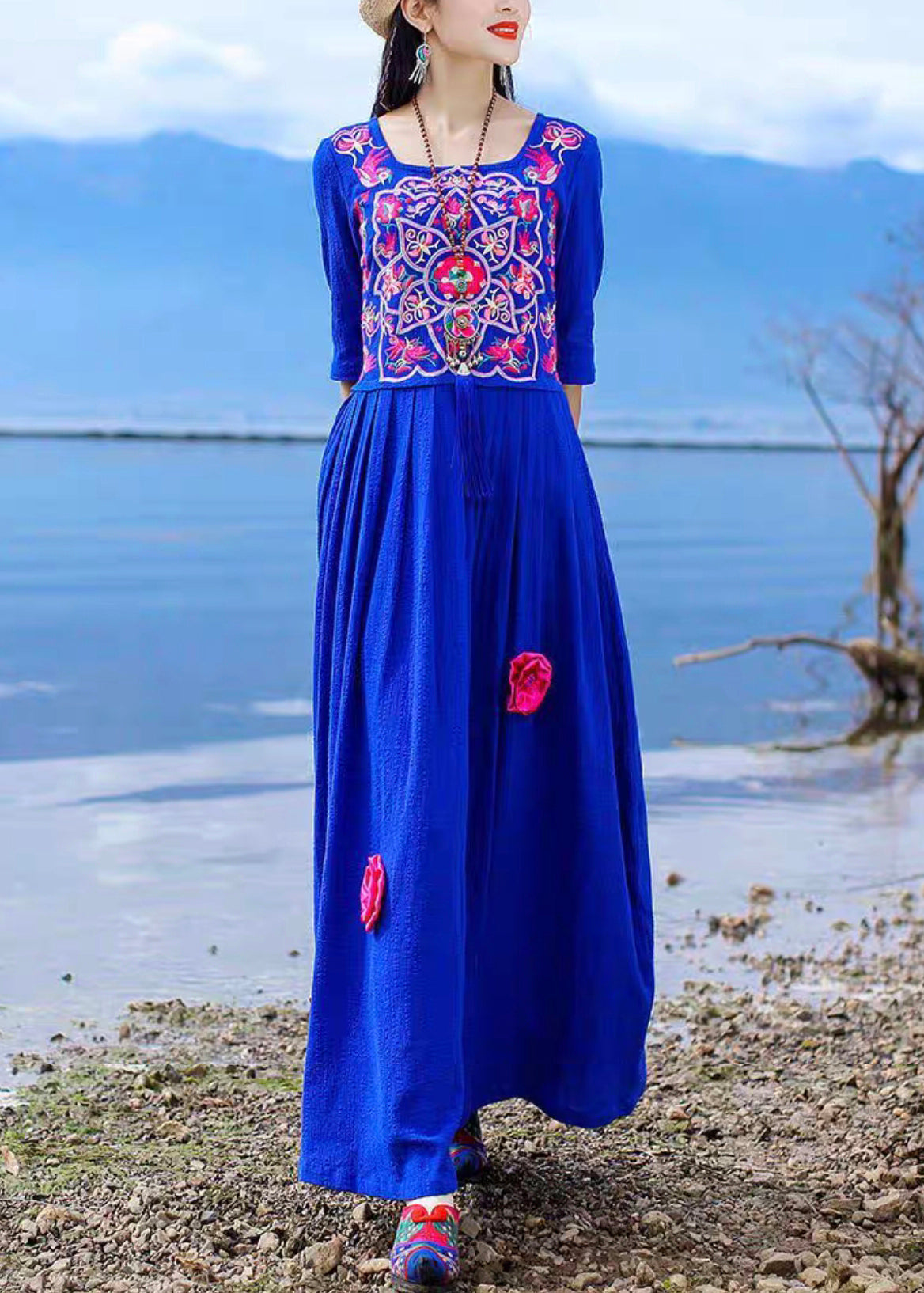 Vintage Blue Embroidered Tie Waist Cotton Long Dress Half Sleeve KK094 SH-LF-SDL240602