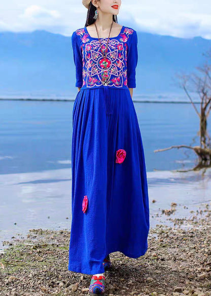 Vintage Blue Embroidered Tie Waist Cotton Long Dress Half Sleeve KK094 SH-LF-SDL240602