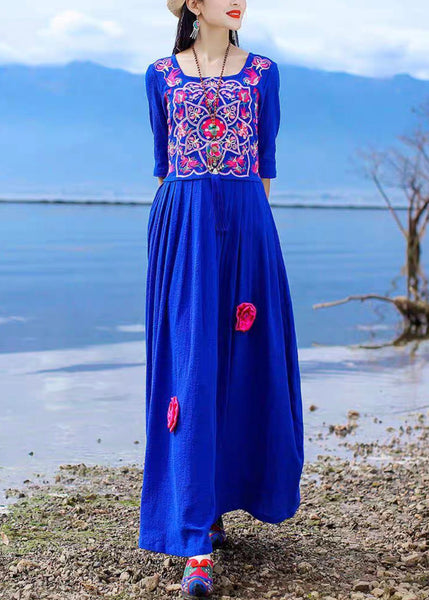 Vintage Blue Embroidered Tie Waist Cotton Long Dress Half Sleeve KK094 SH-LF-SDL240602