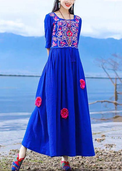 Vintage Blue Embroidered Tie Waist Cotton Long Dress Half Sleeve KK094 SH-LF-SDL240602