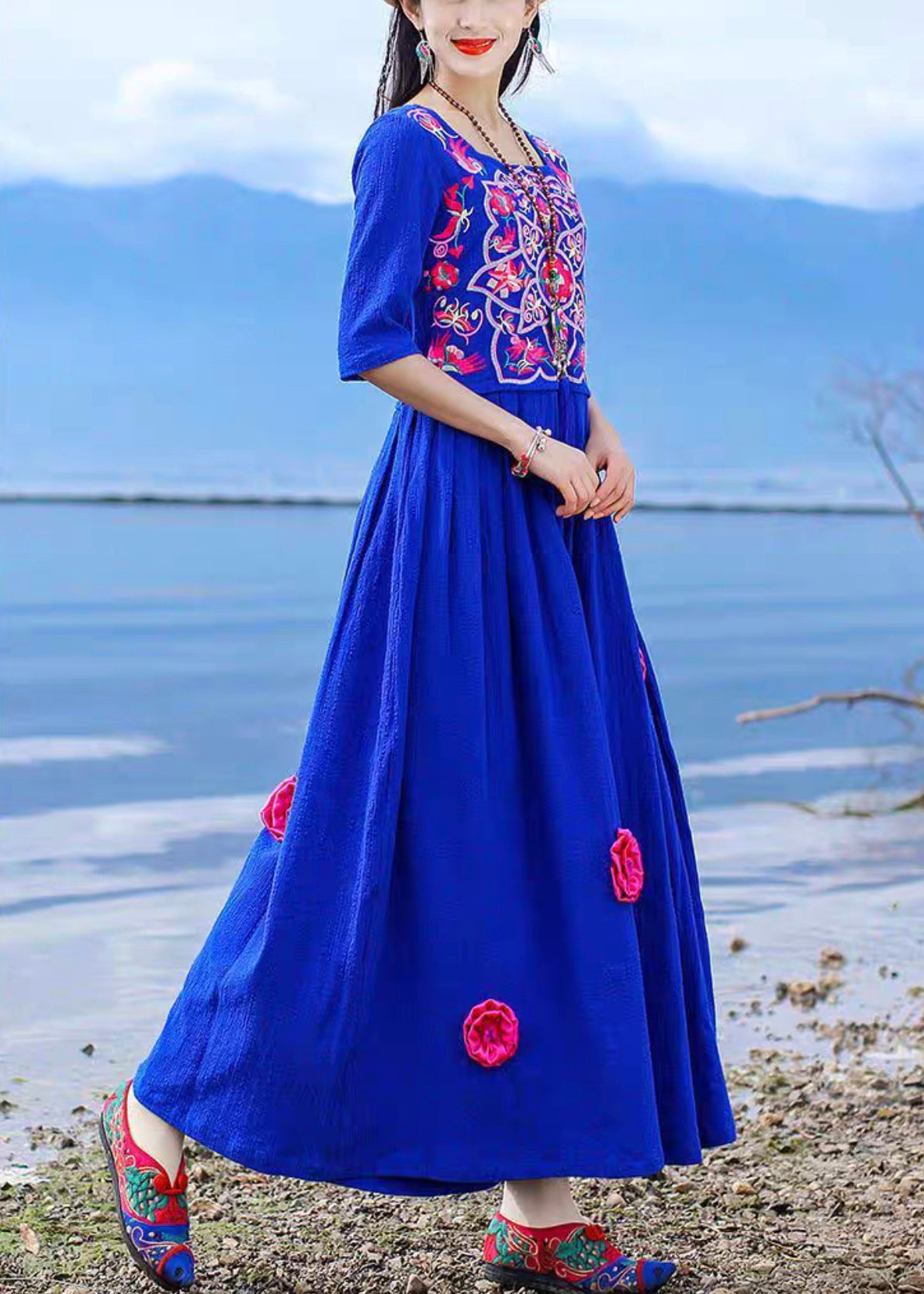 Vintage Blue Embroidered Tie Waist Cotton Long Dress Half Sleeve KK094 SH-LF-SDL240602
