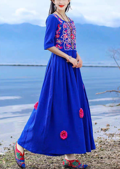 Vintage Blue Embroidered Tie Waist Cotton Long Dress Half Sleeve KK094 SH-LF-SDL240602