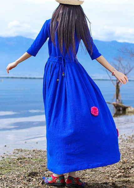 Vintage Blue Embroidered Tie Waist Cotton Long Dress Half Sleeve KK094 SH-LF-SDL240602