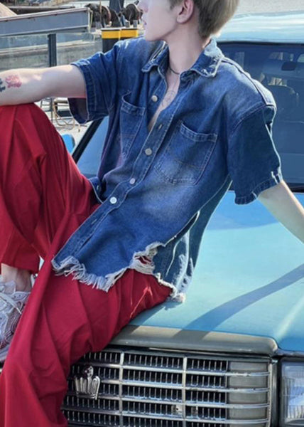 Vintage Button Denim Shirts Summer Men's Blue Hole FashionChic