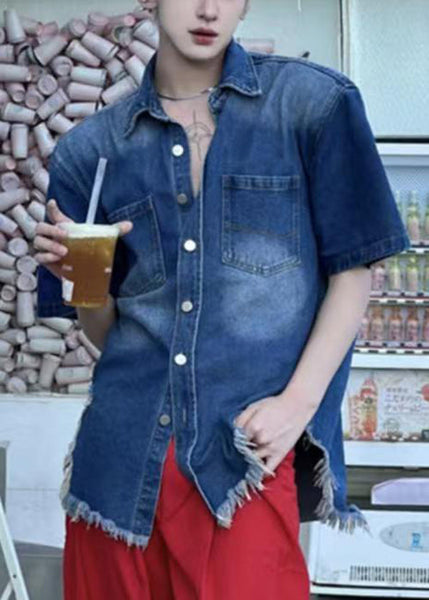 Vintage Button Denim Shirts Summer Men's Blue Hole FashionChic
