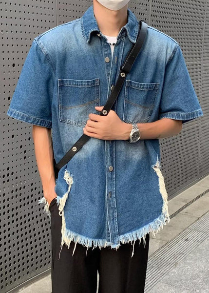 Vintage Button Denim Shirts Summer Men's Blue Hole FashionChic