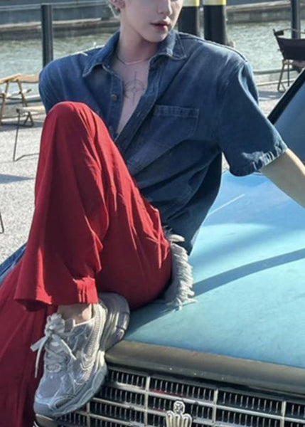 Vintage Button Denim Shirts Summer Men's Blue Hole FashionChic