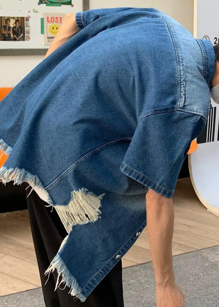 Vintage Button Denim Shirts Summer Men's Blue Hole FashionChic