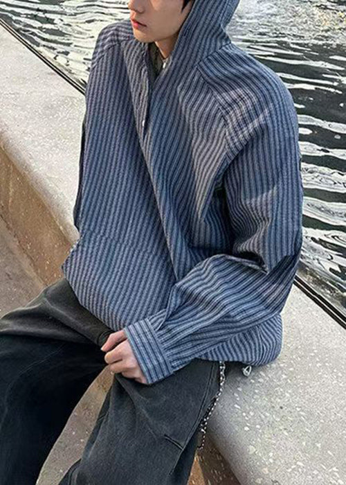Button Vintage Shirts Spring Men's Striped Hooded Cotton Blue FashionChic