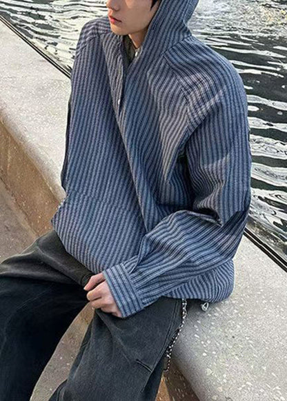 Button Vintage Shirts Spring Men's Striped Hooded Cotton Blue FashionChic