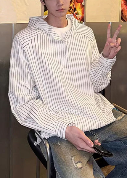 Button Vintage Shirts Spring Men's Striped Hooded Cotton Blue FashionChic