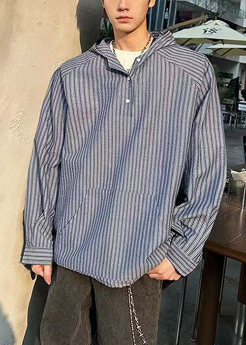 Button Vintage Shirts Spring Men's Striped Hooded Cotton Blue FashionChic
