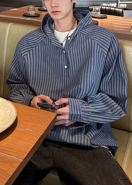 Button Vintage Shirts Spring Men's Striped Hooded Cotton Blue FashionChic