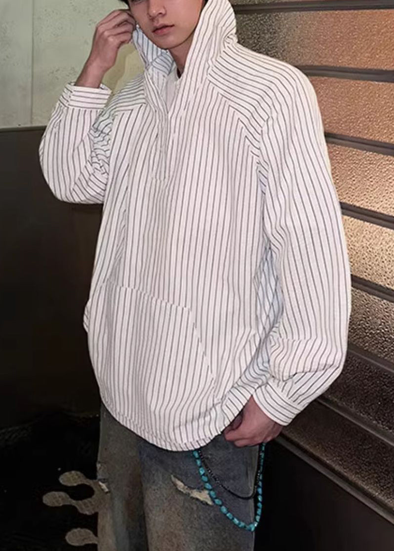 Button Vintage Shirts Spring Men's Striped Hooded Cotton Blue FashionChic