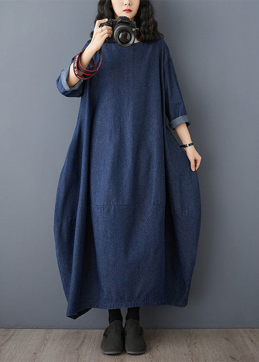 Blue Dress Maxi Vintage O-Neck Denim Sleeve Ruffled FashionChic